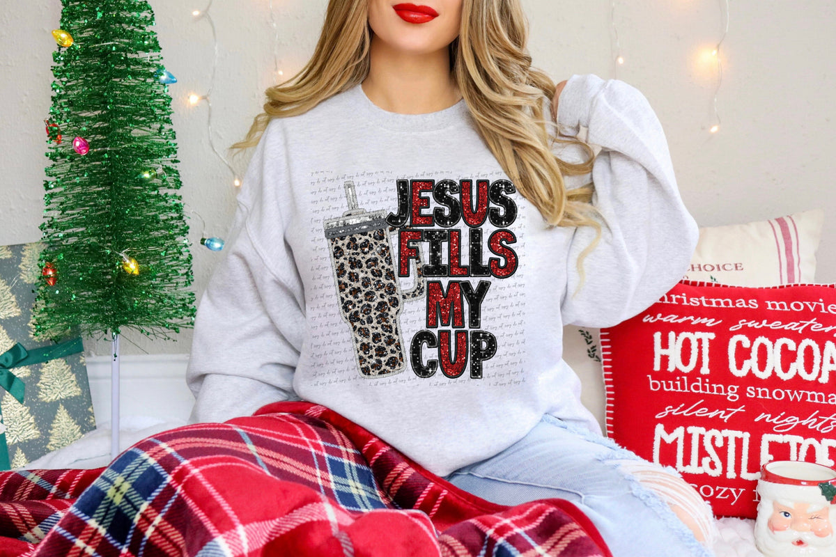 Jesus fills my cup leopard cup RED FONT  (City) 40004 DTF transfer