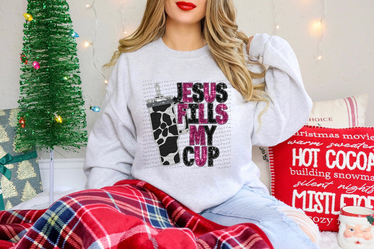 Jesus fills my cup PINK cowprint cup  (City) 40002 DTF transfer
