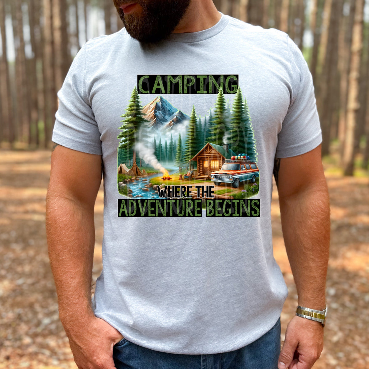 Camping where the adventure begins cabin (DD) DTF transfer