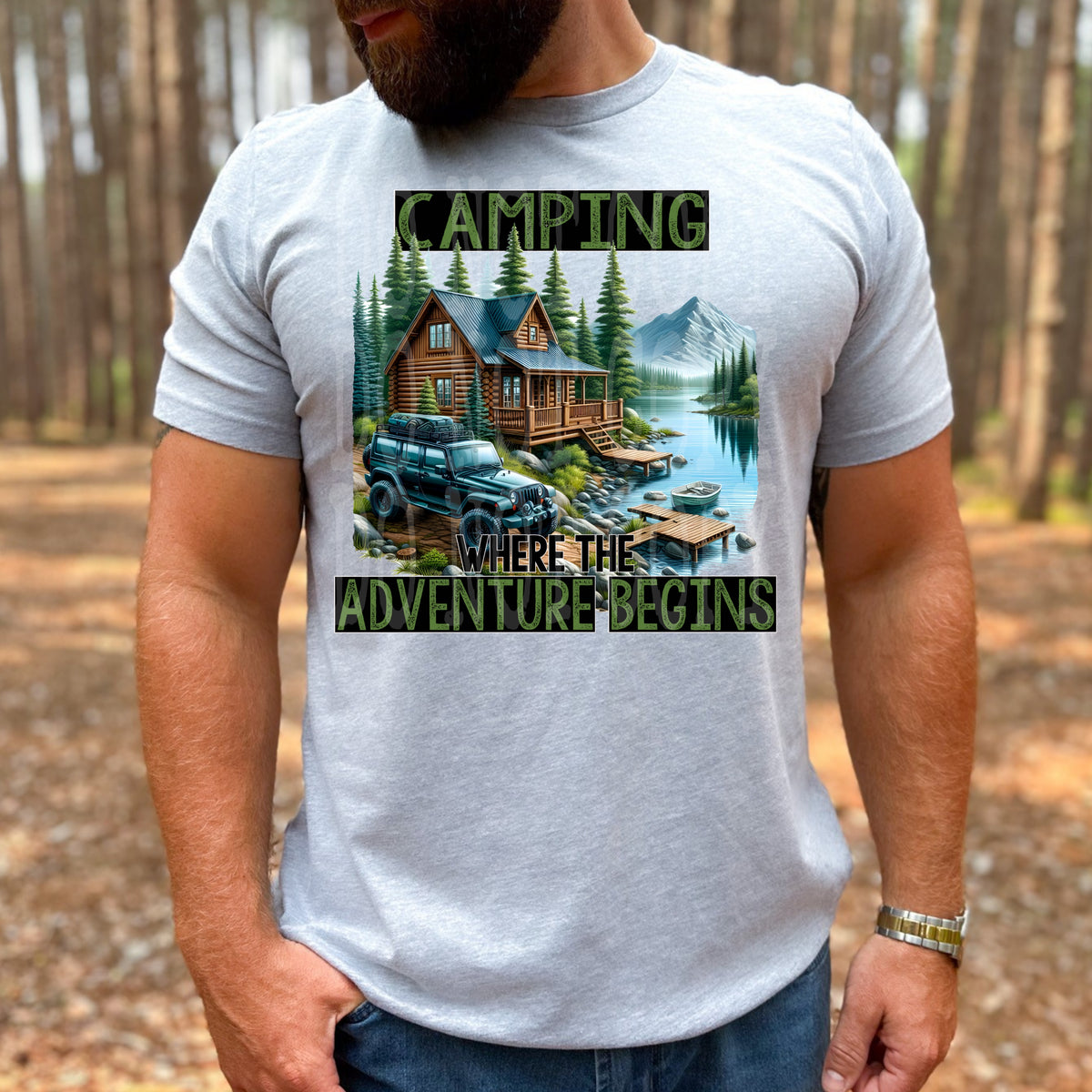 Camping where the adventure begins Jeep and cabin (DD) DTF transfer