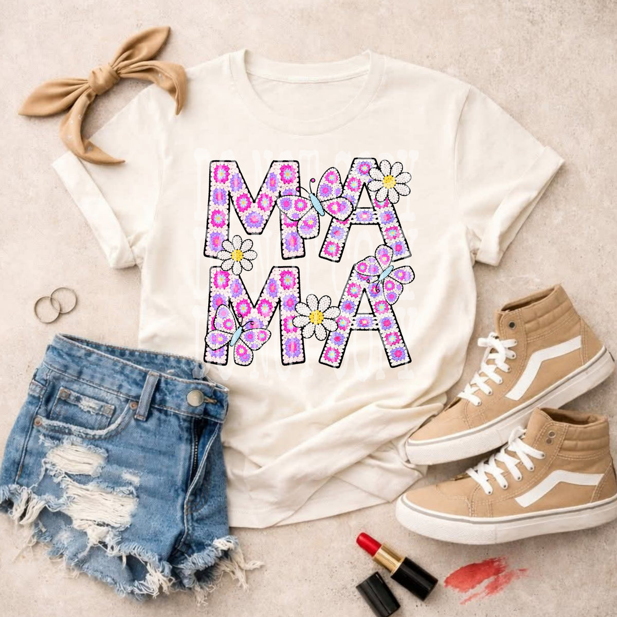 Mama (faux crochet pink and purple with daisies) (PH) DTF Transfer