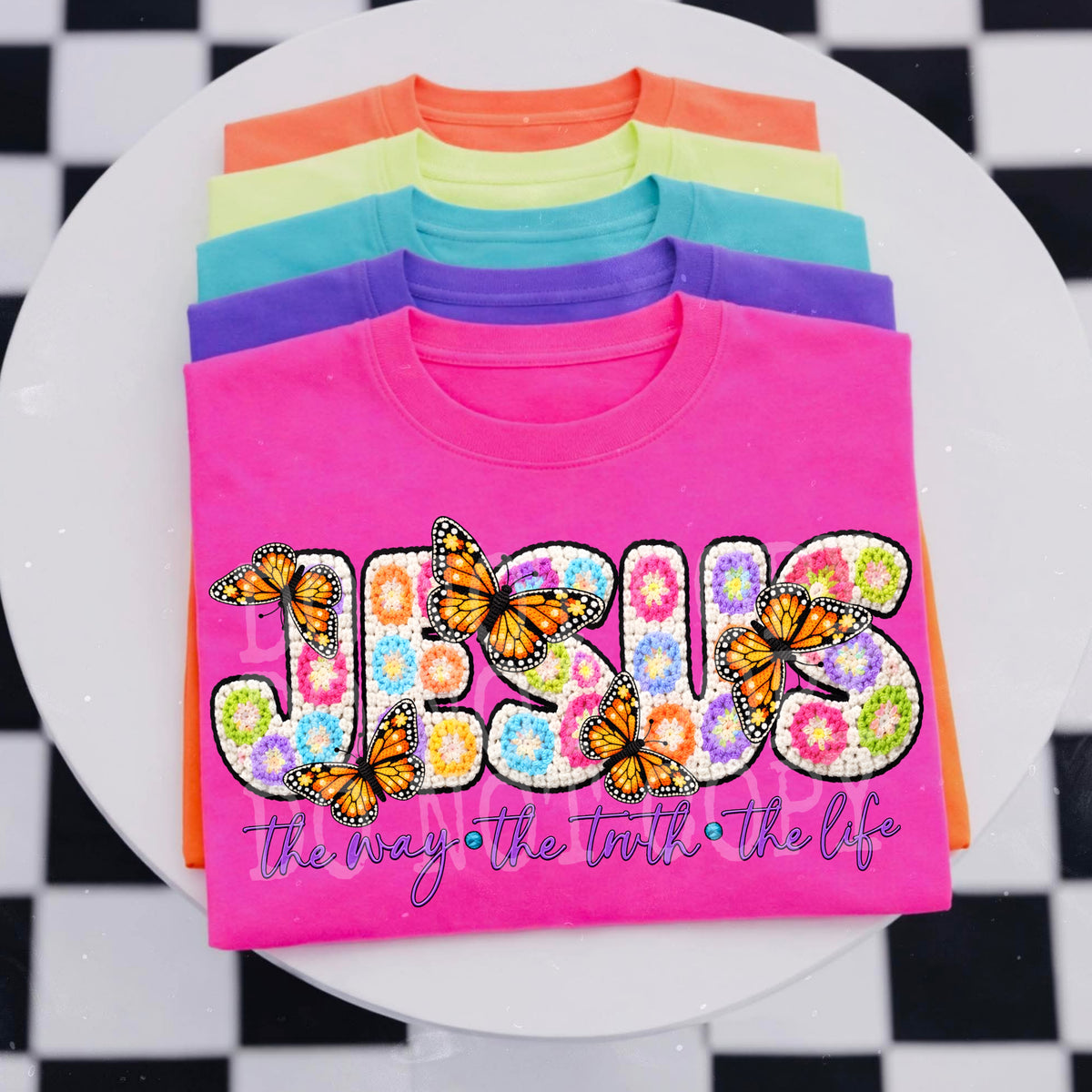 Jesus the way the truth the life (faux crochet letters with butterflies) DTF Transfer