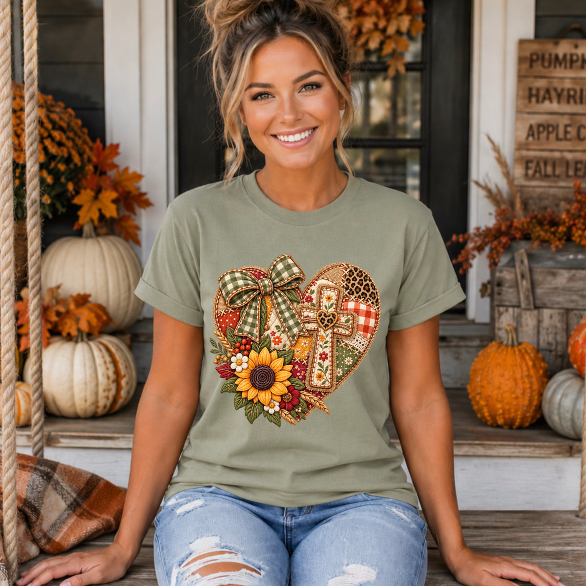 Heart with cross faux patchwork with sunflowers (SDD) DTF Transfer