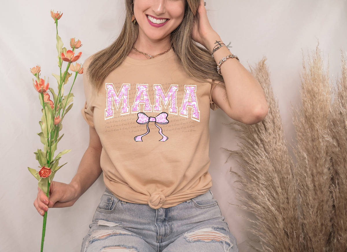 Pink Flower Bow Mama White Outline 86240 DTF Transfer
