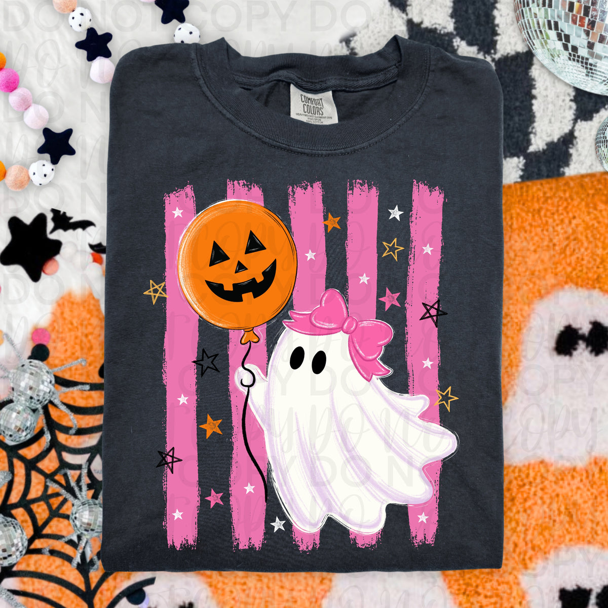 Ghost with pumpkin ballon pink stripes (UAC) DTF Transfer