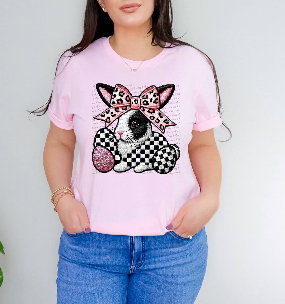 Pink Bow Bunny With Eggs Faux Embroidery 86018 DTF Transfer