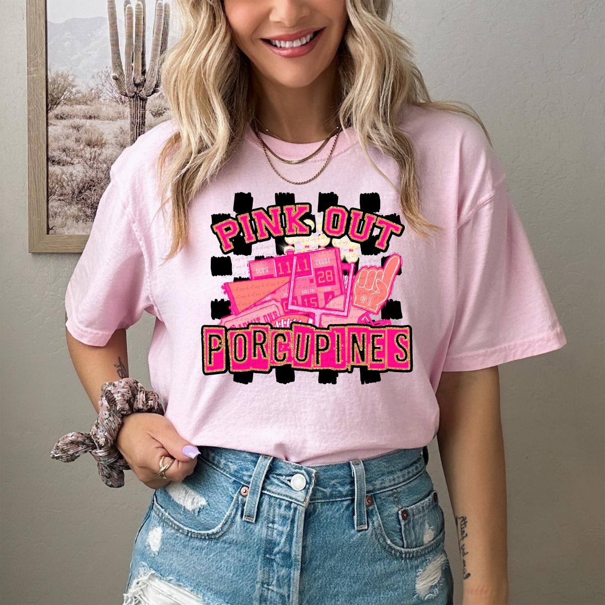 Pink Out Porcupines Checkered Background 61547 DTF transfer