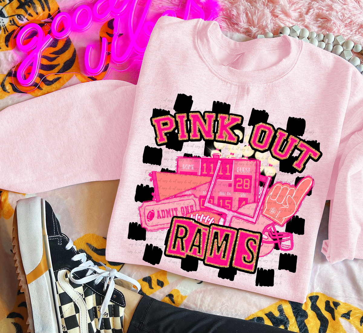 Pink Out Rams Checkered Background 61561 DTF transfer