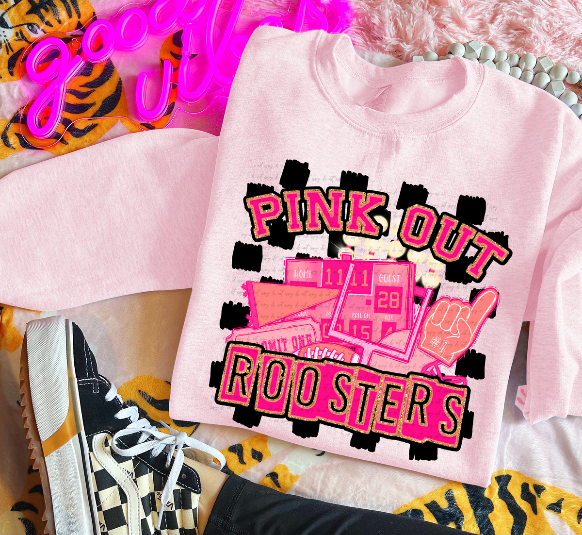 Pink Out Roosters Checkered Background 61591 DTF transfer