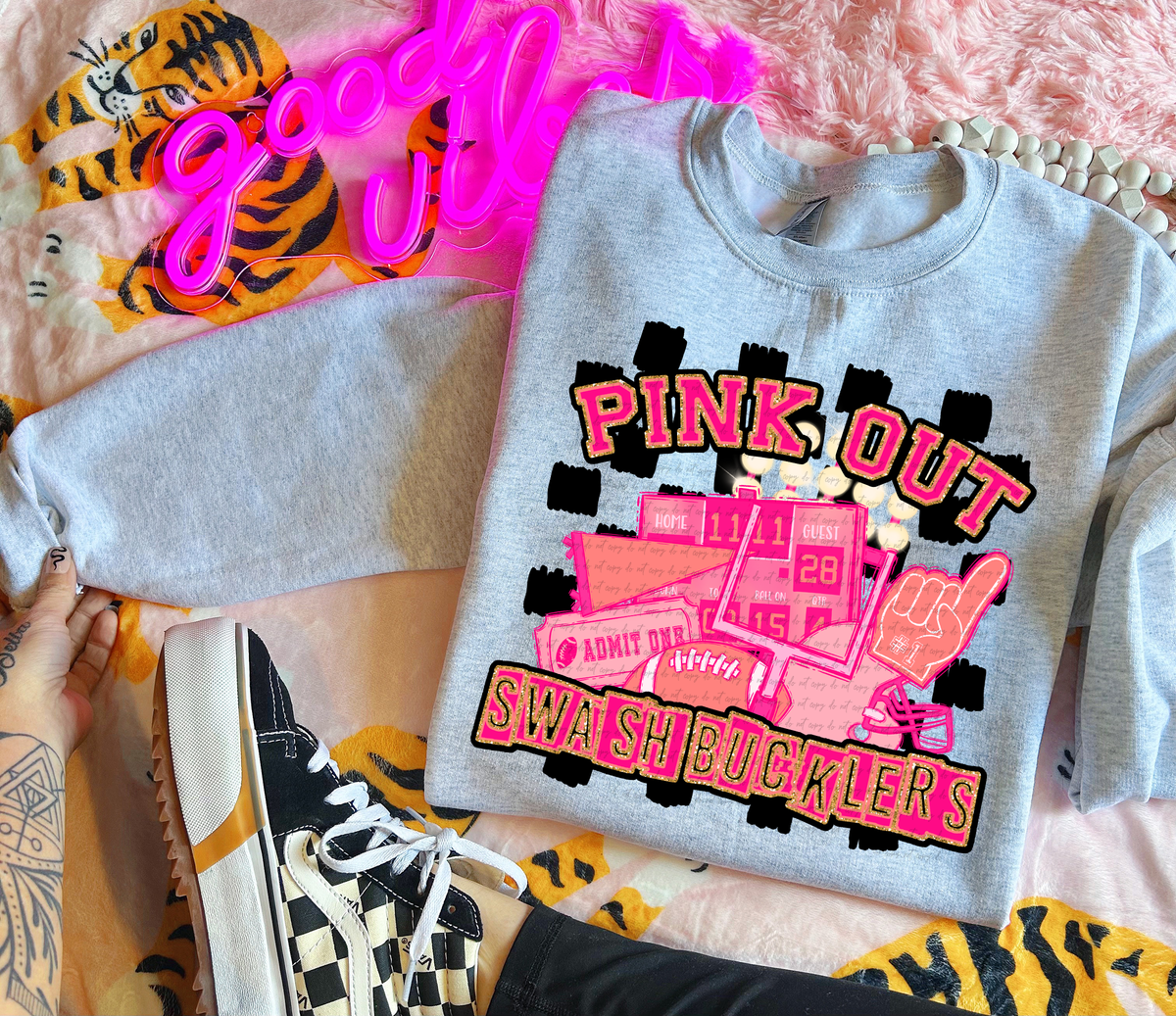 Pink Out Swashbucklers Checkered Background 61695 DTF transfer