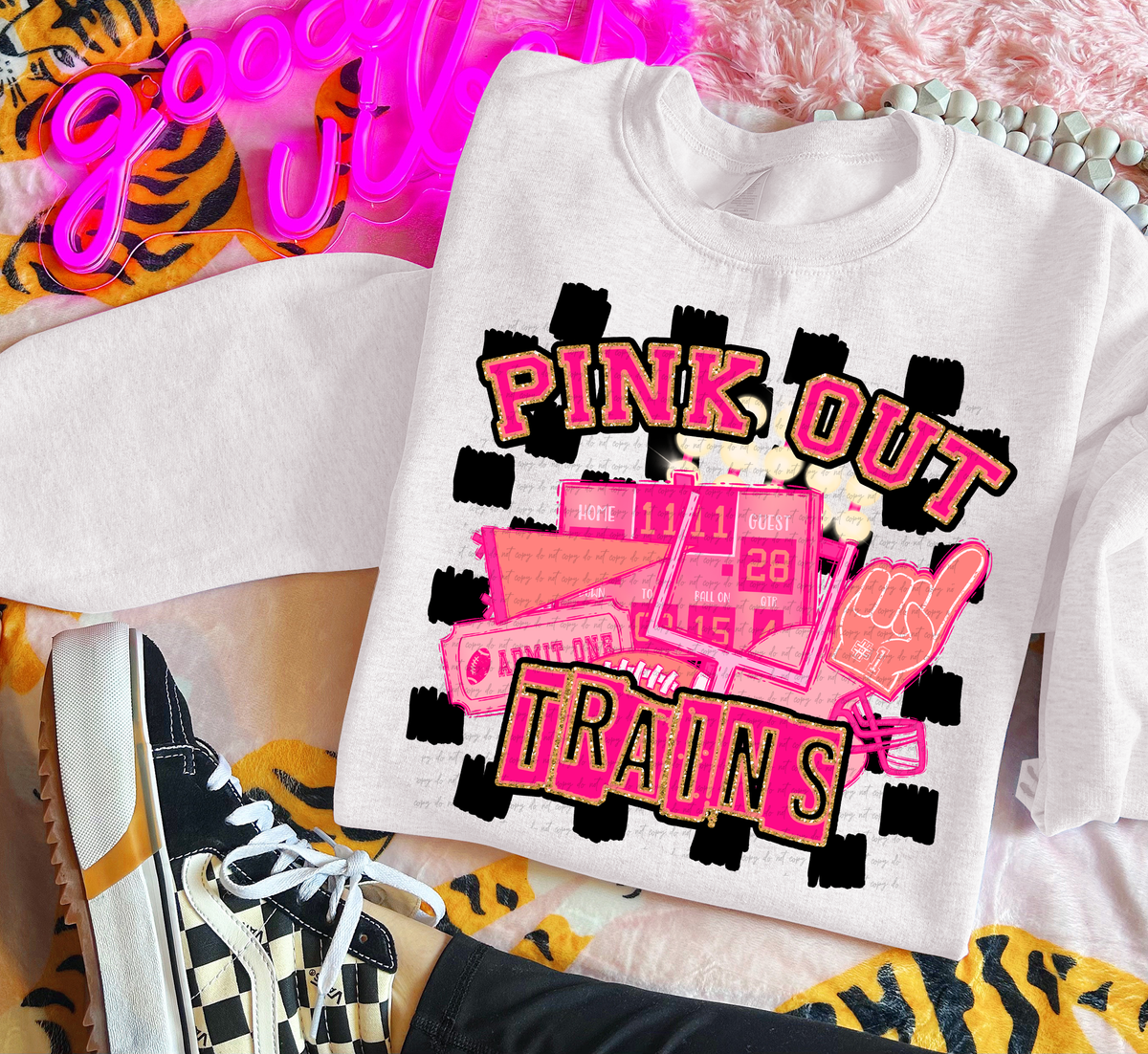 Pink Out Trains Checkered Background 61730 DTF transfer