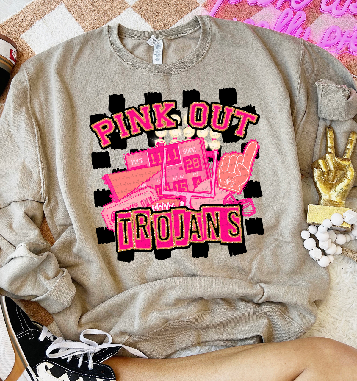 Pink Out Trojans Checkered Background 61733 DTF transfer