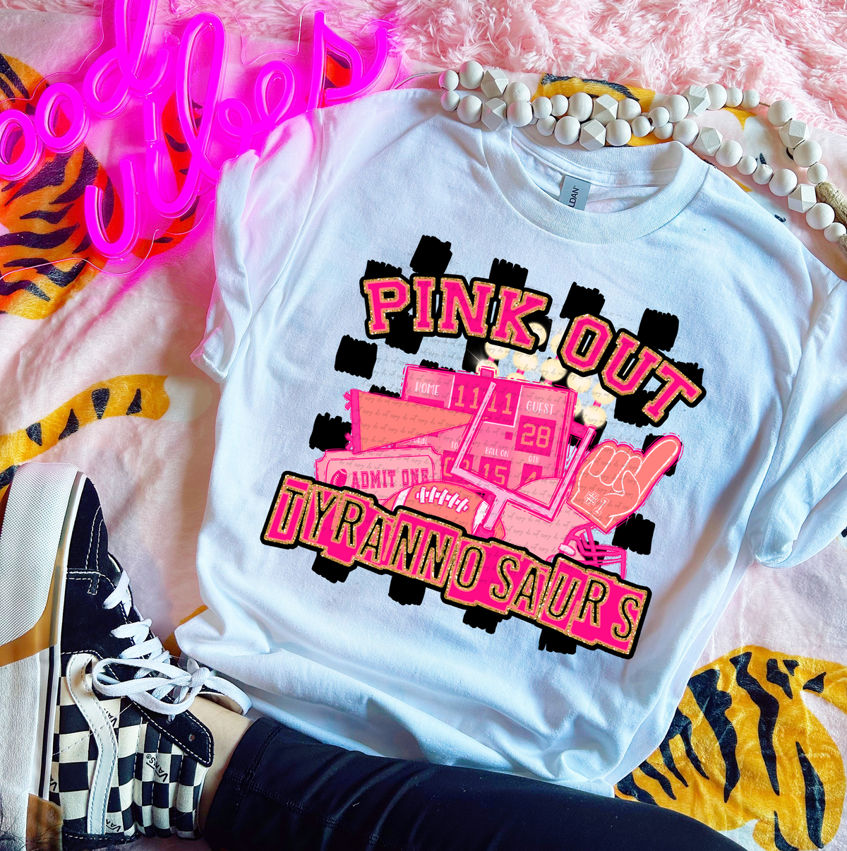 Pink Out Tyrannosaurs Checkered Background 61742 DTF transfer