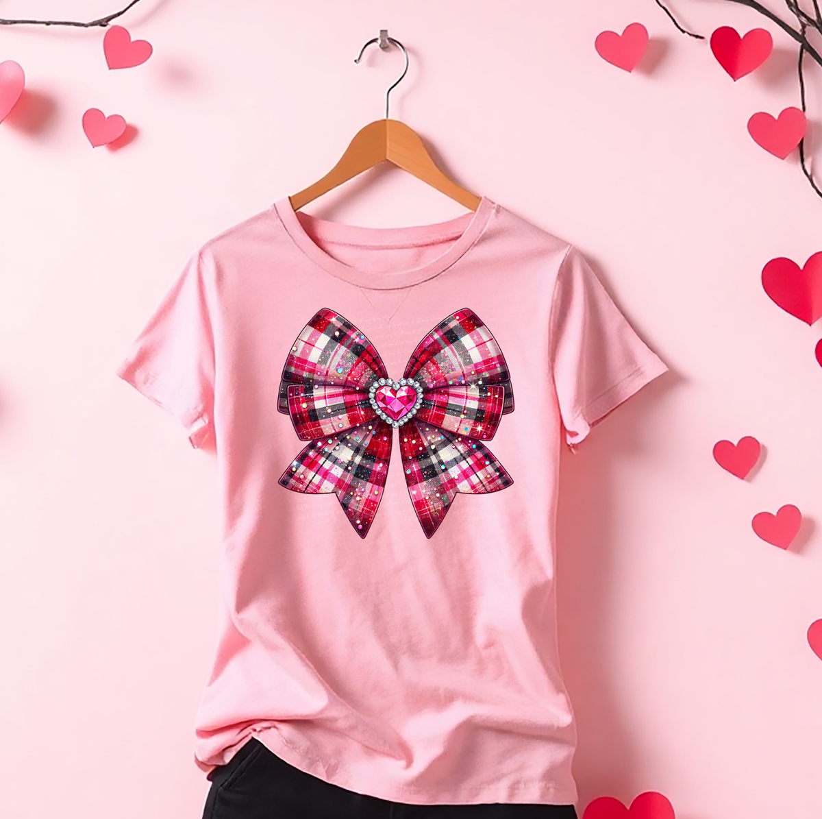 Pink Plaid Bow Heart Rhinestone 76474 DTF Transfer