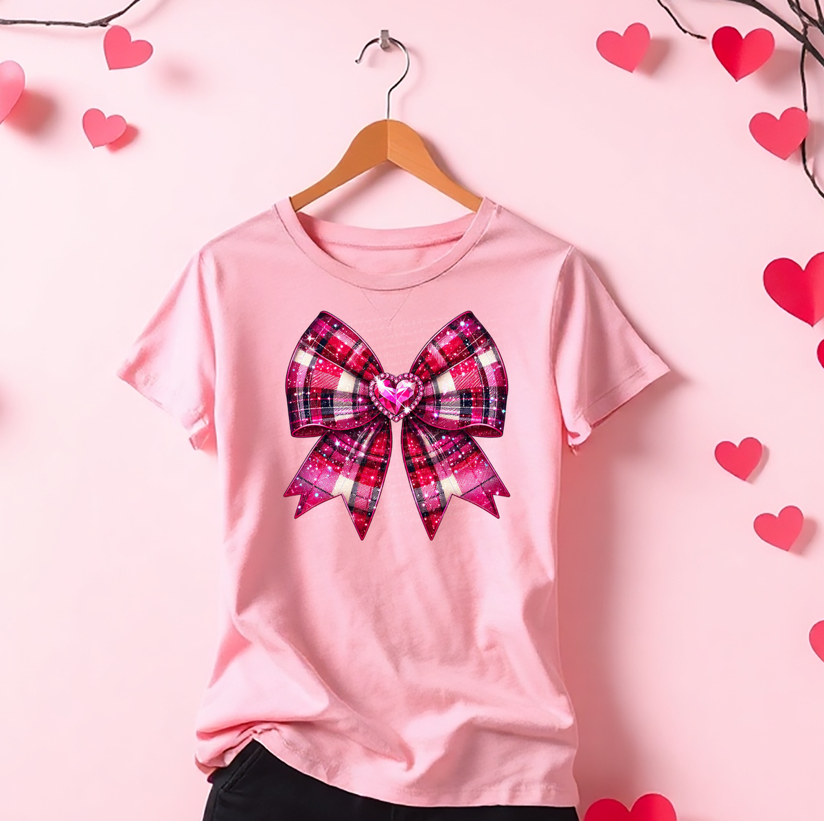 Pink Plaid Bow Heart Rhinestone Sparkling 76473 DTF Transfer