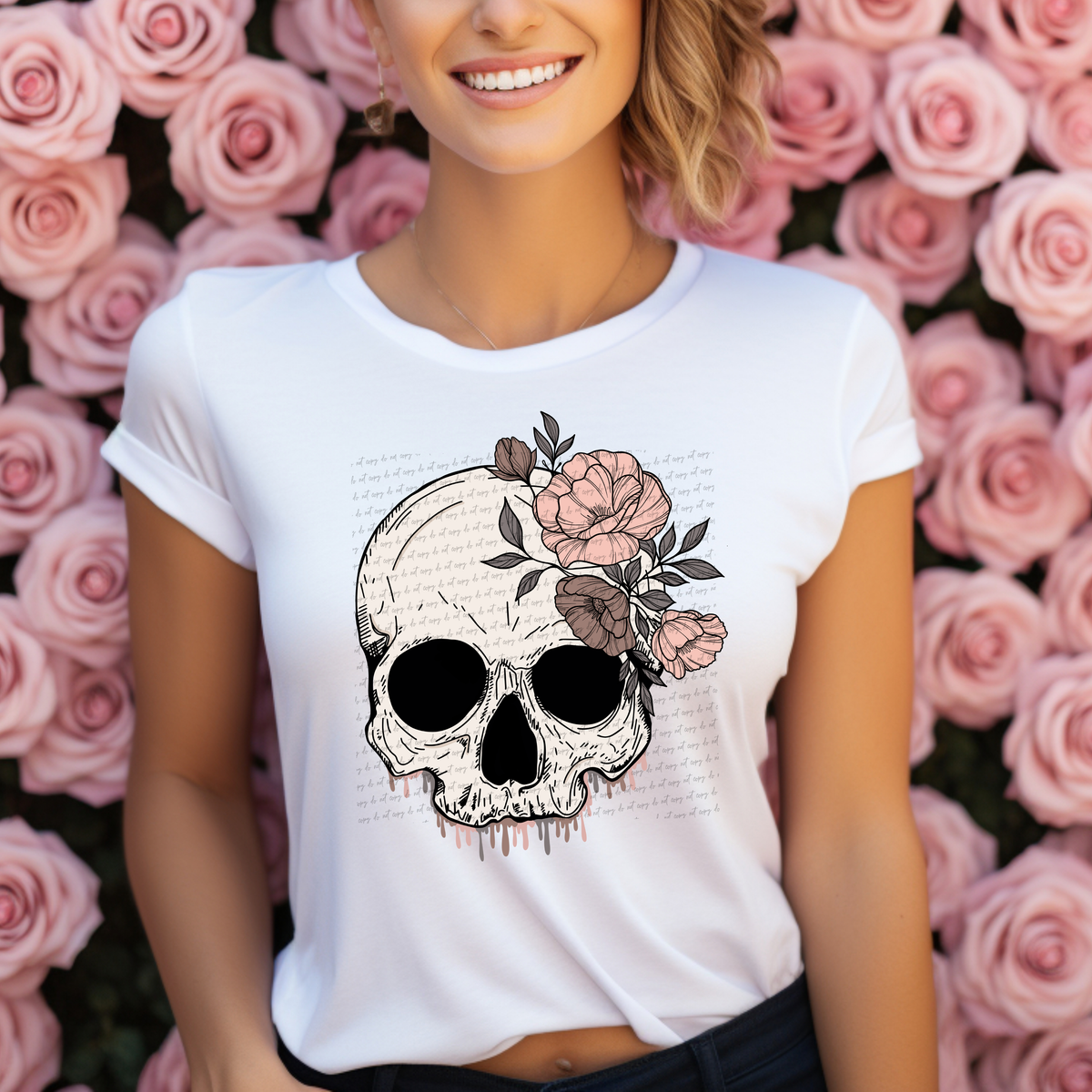 Drippy Skull with Pink Roses 116004 DTF Transfer