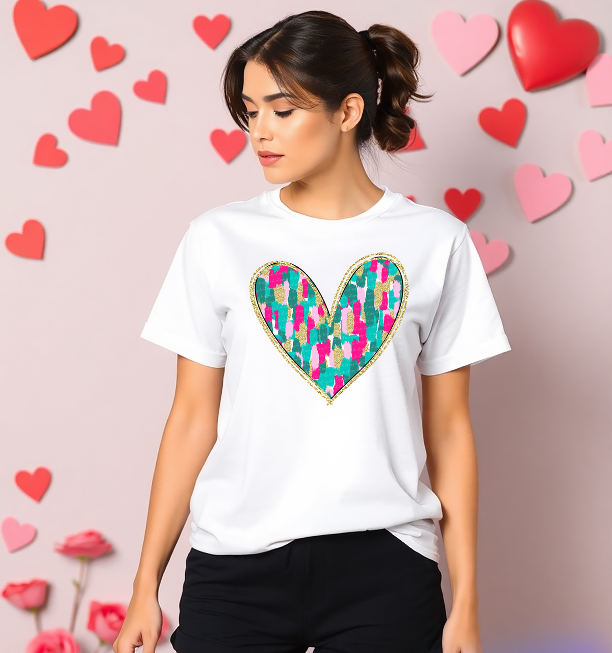 Pink Teal Gold Brushstroke Heart 76374 DTF Transfer