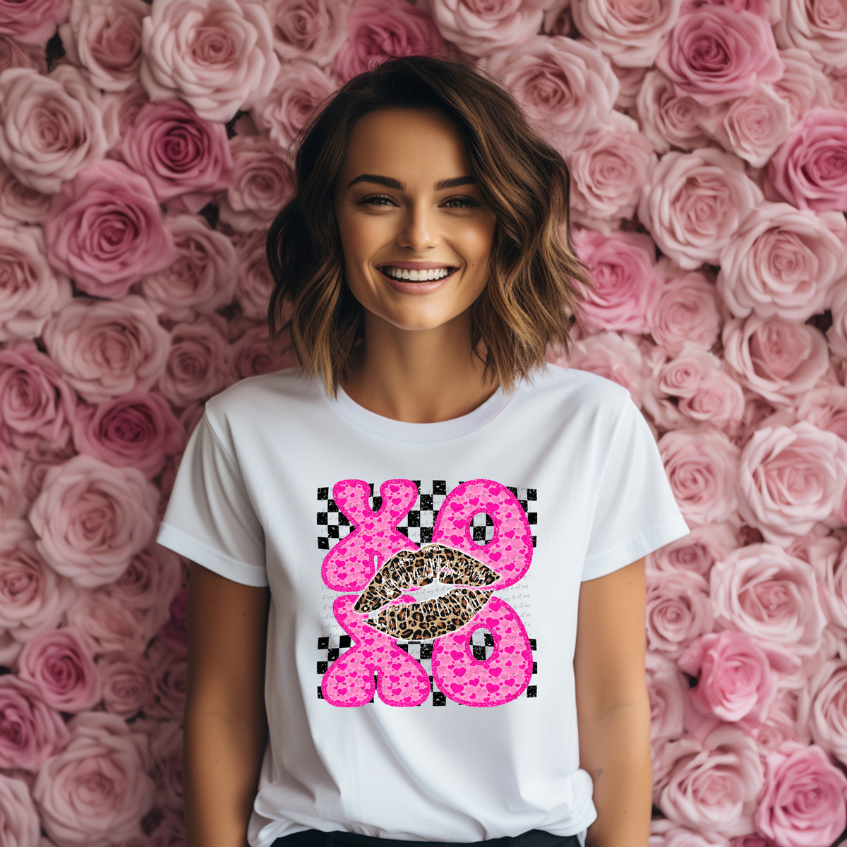 Pink Xoxo Leopard Lips Checkered Background 76477 DTF Transfer