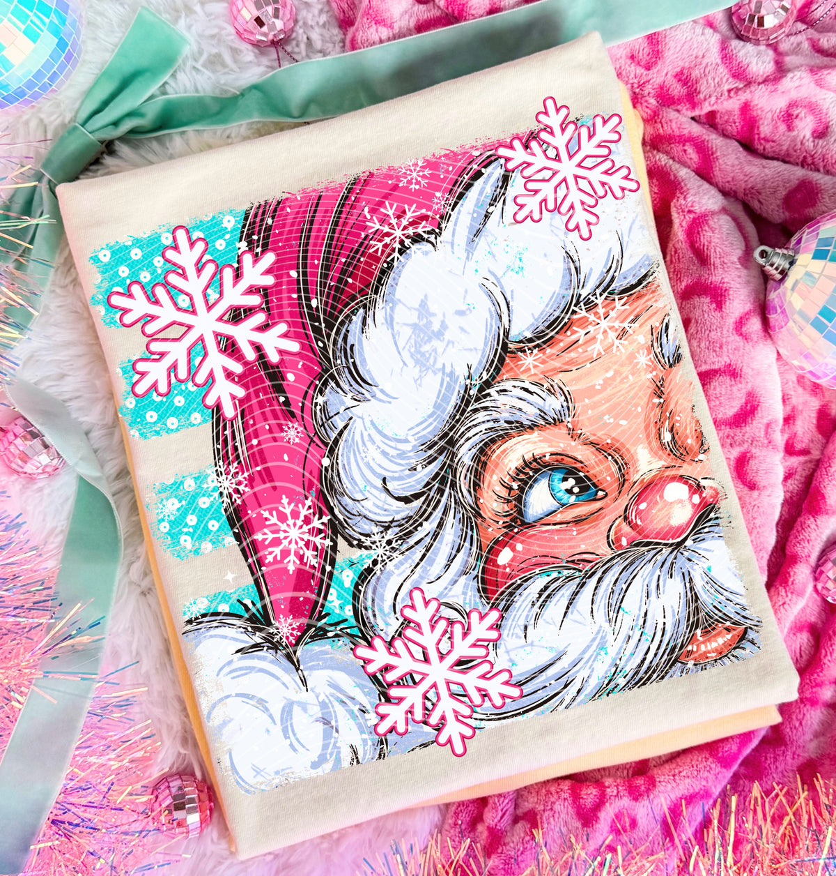 Close up Santa pink hat blue stripes (AG) DTF Transfer