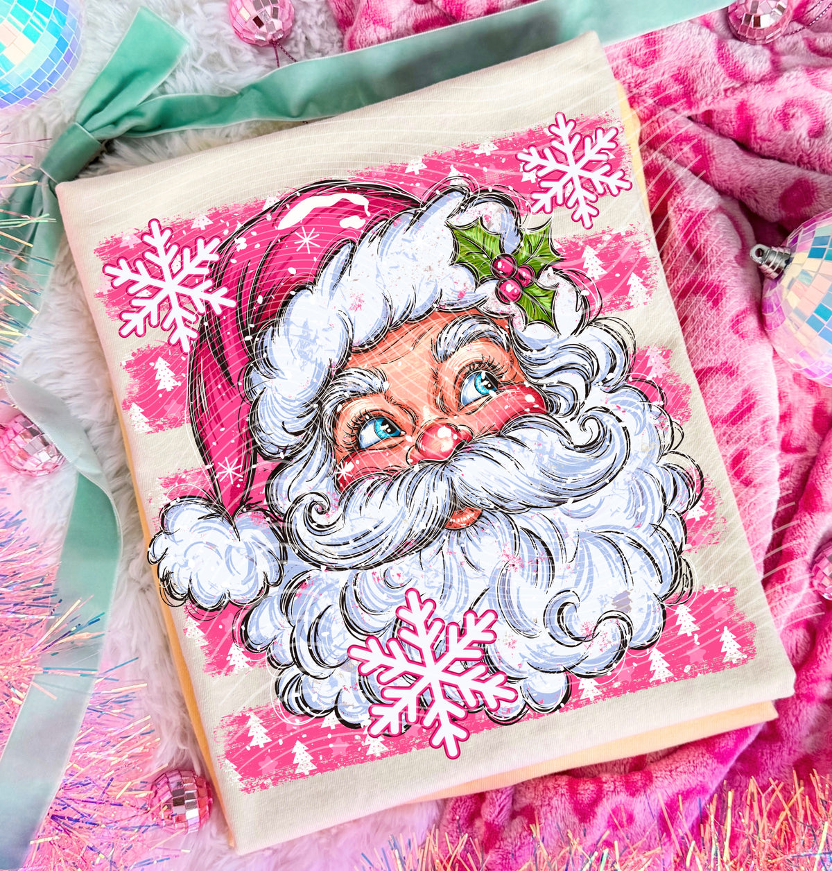 Santa pink hat stripes and snowflakes (AG) DTF Transfer