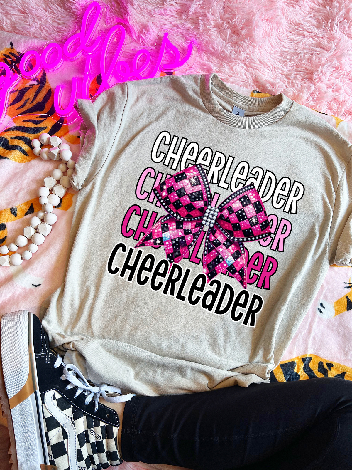 Cheerleader Stacked Black and Pink Checkered Bow 117806 DTF transfer