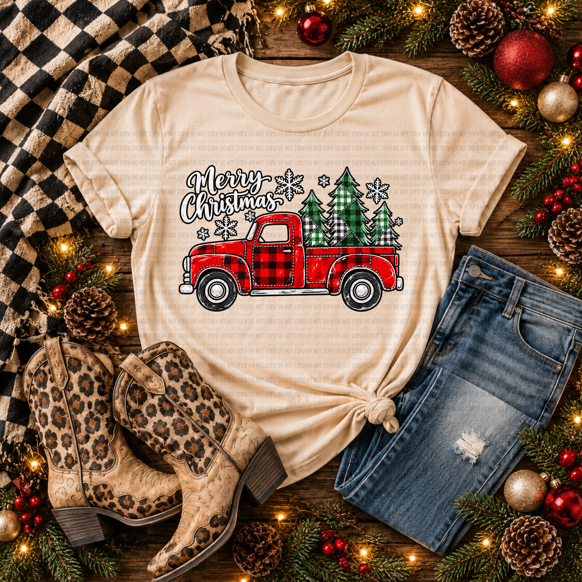 Plaid Red Truck with Plaid Trees- Merry Christmas (Revel) DTF Transfer