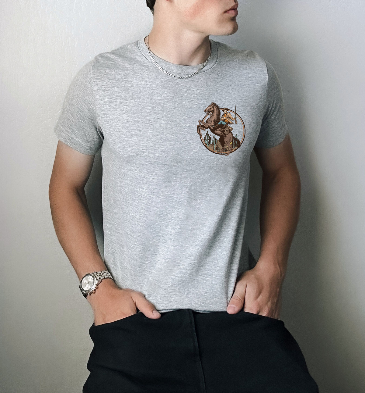 Cowboy with Horse and Cactuses Pocket Print 116343 DTF Transfer