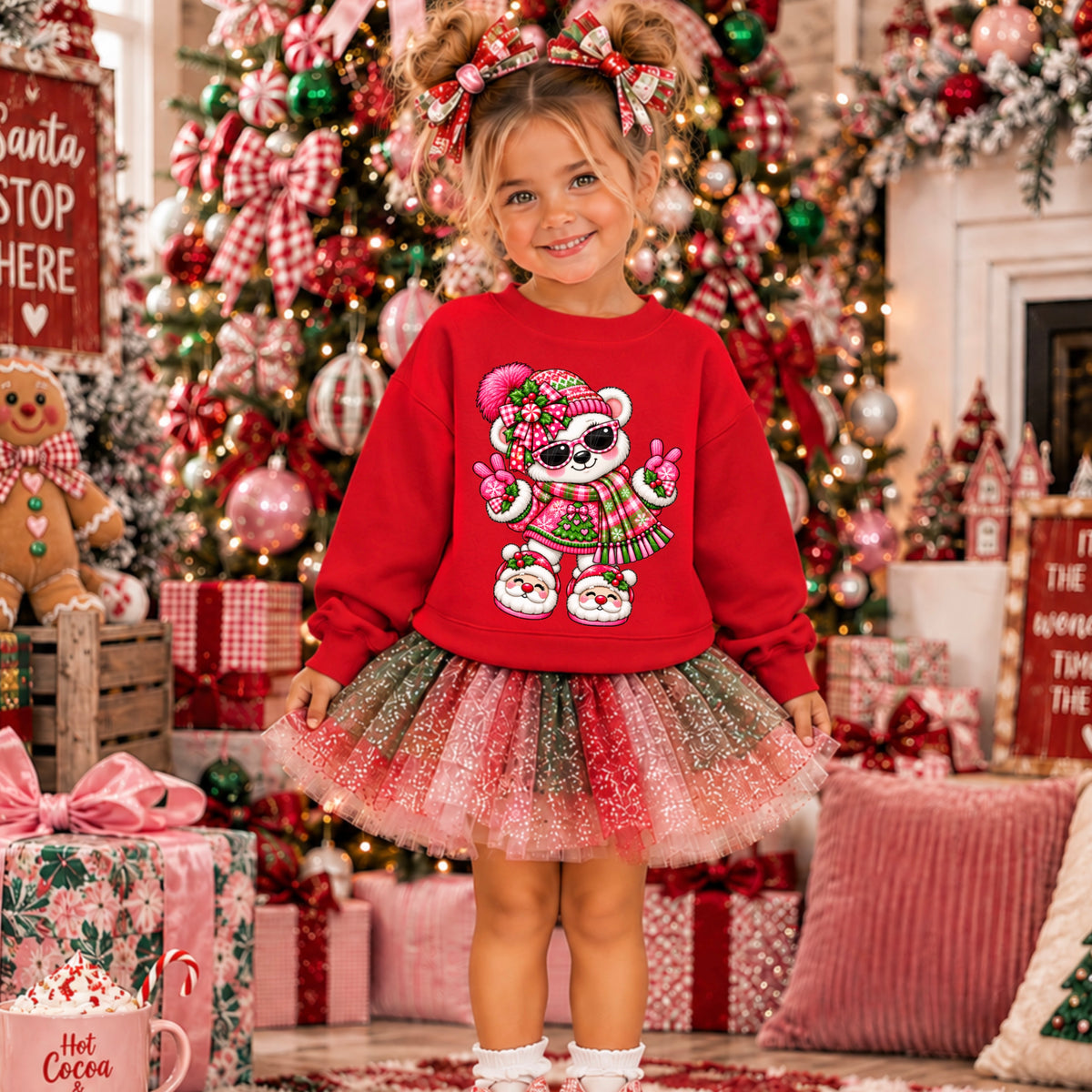 Girl Christmas Polar bear peace hands (SDD) DTF Transfer