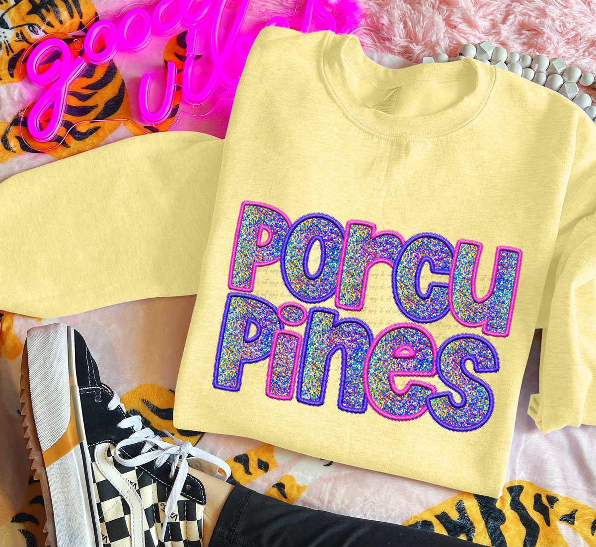 Porcupines Faux Embroidery Pink Blue 76081 DTF Transfer