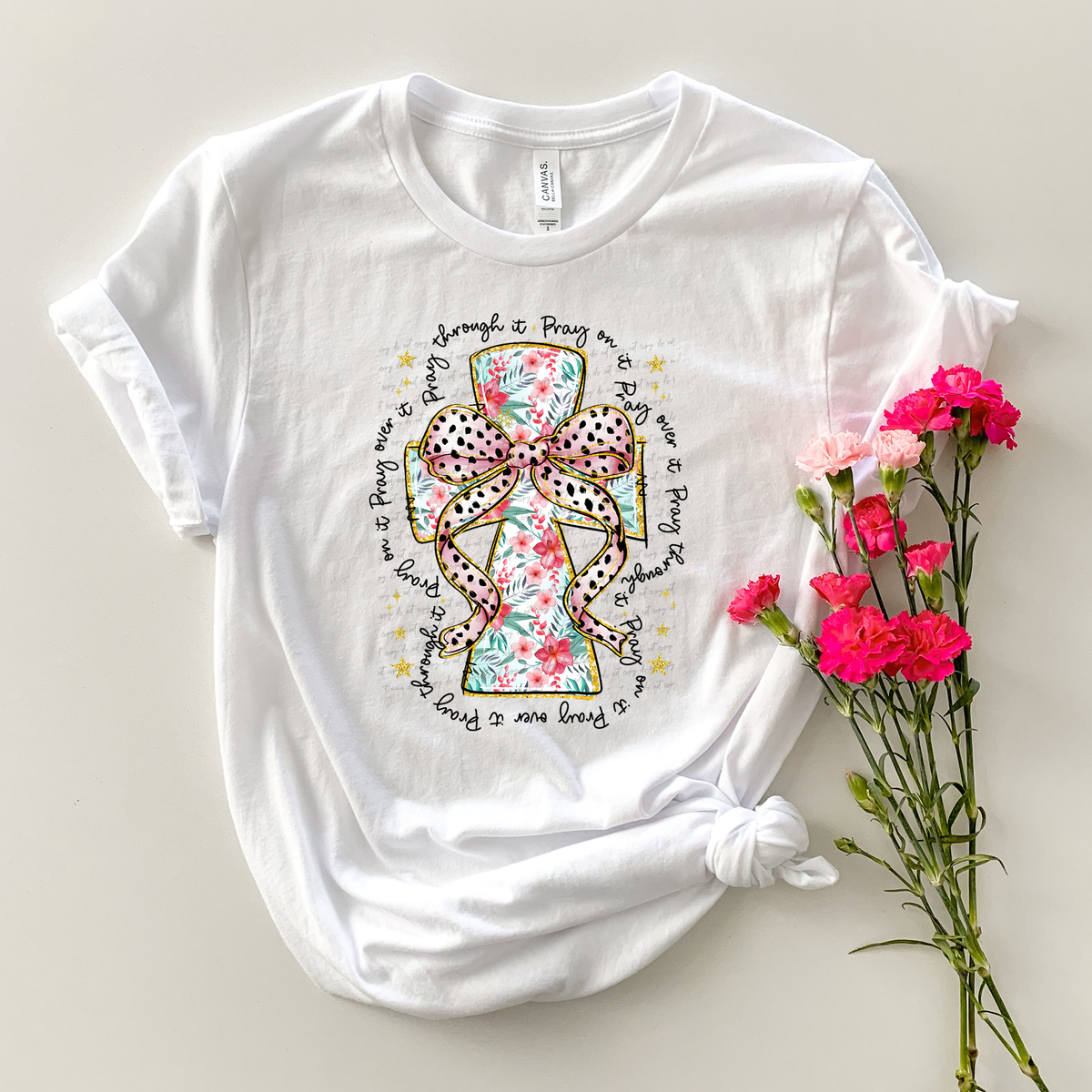 Pray On It Pray Over It Pray Through It Floral Cross And Bow 76140 DTF Transfer