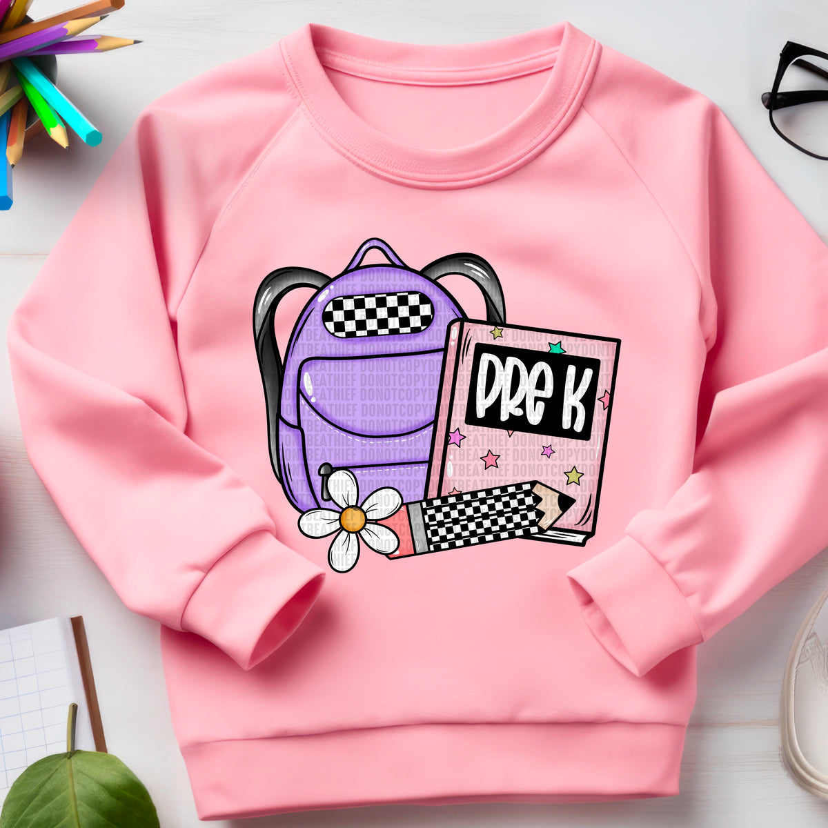 Pre-k checkered pencil with purple backpack DTF transfer