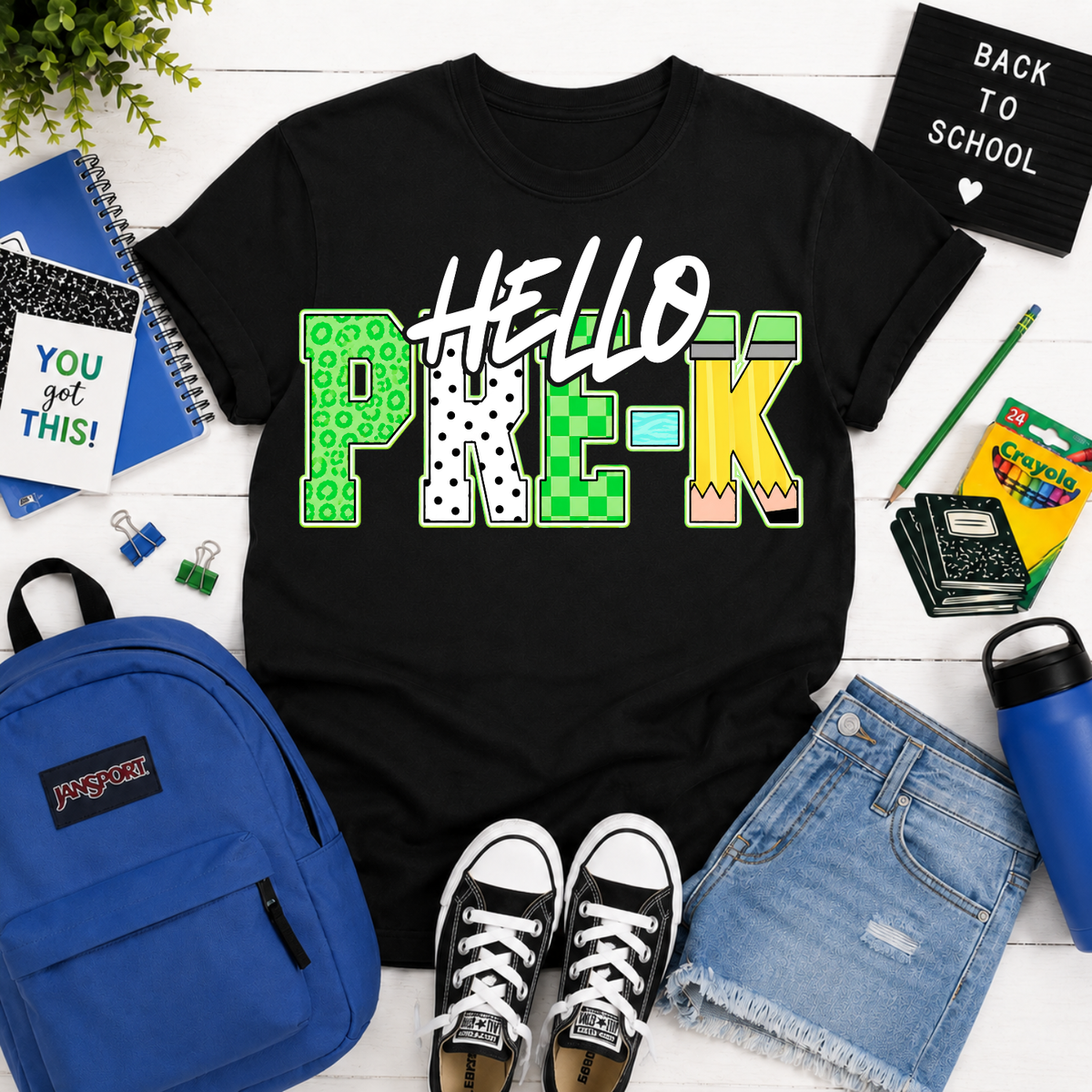Hello pre-k blue and green font (Parker) DTF Transfer