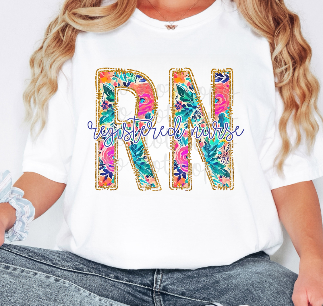 RN Registered Nurse Preppy Floral (Parker) 101724 DTF transfer
