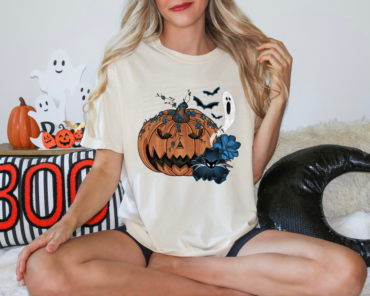 Pumpkin Blue Flowers Ghost and Bats 115590 DTF transfer
