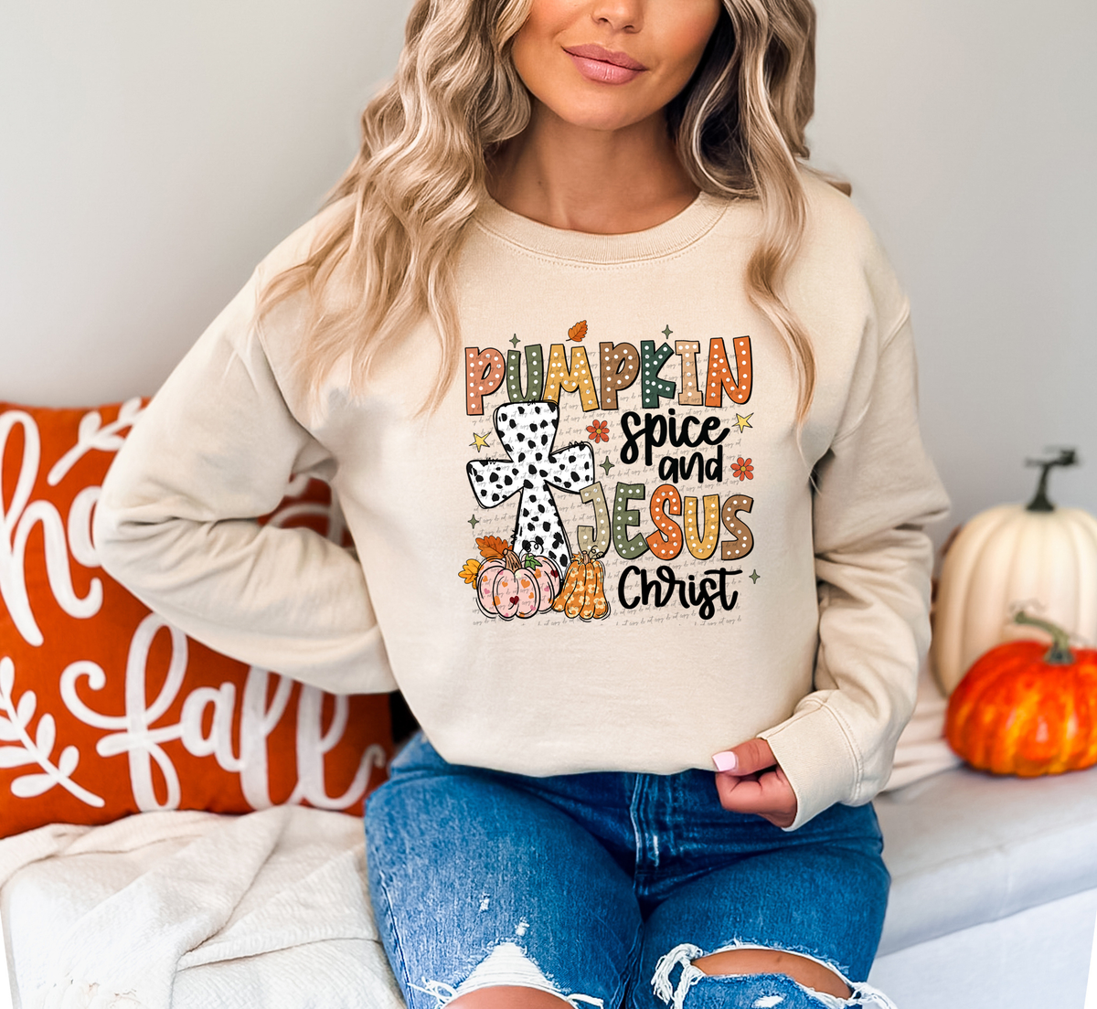 Pumpkin Spice And Jesus Christ White Black Cross 57084 DTF transfer