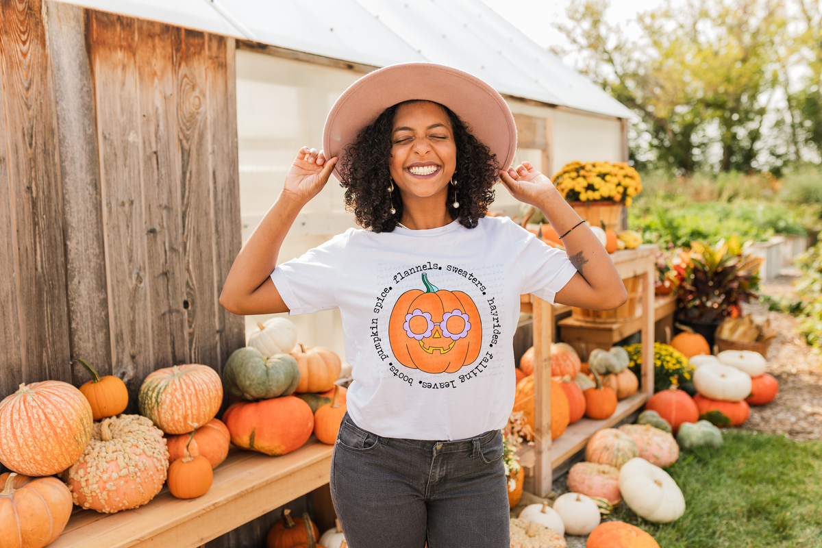Pumpkin Spice Flannels Sweaters Hayrides Falling Leaves Boots Pumpkin with Eyeglass 114799 DTF transfer