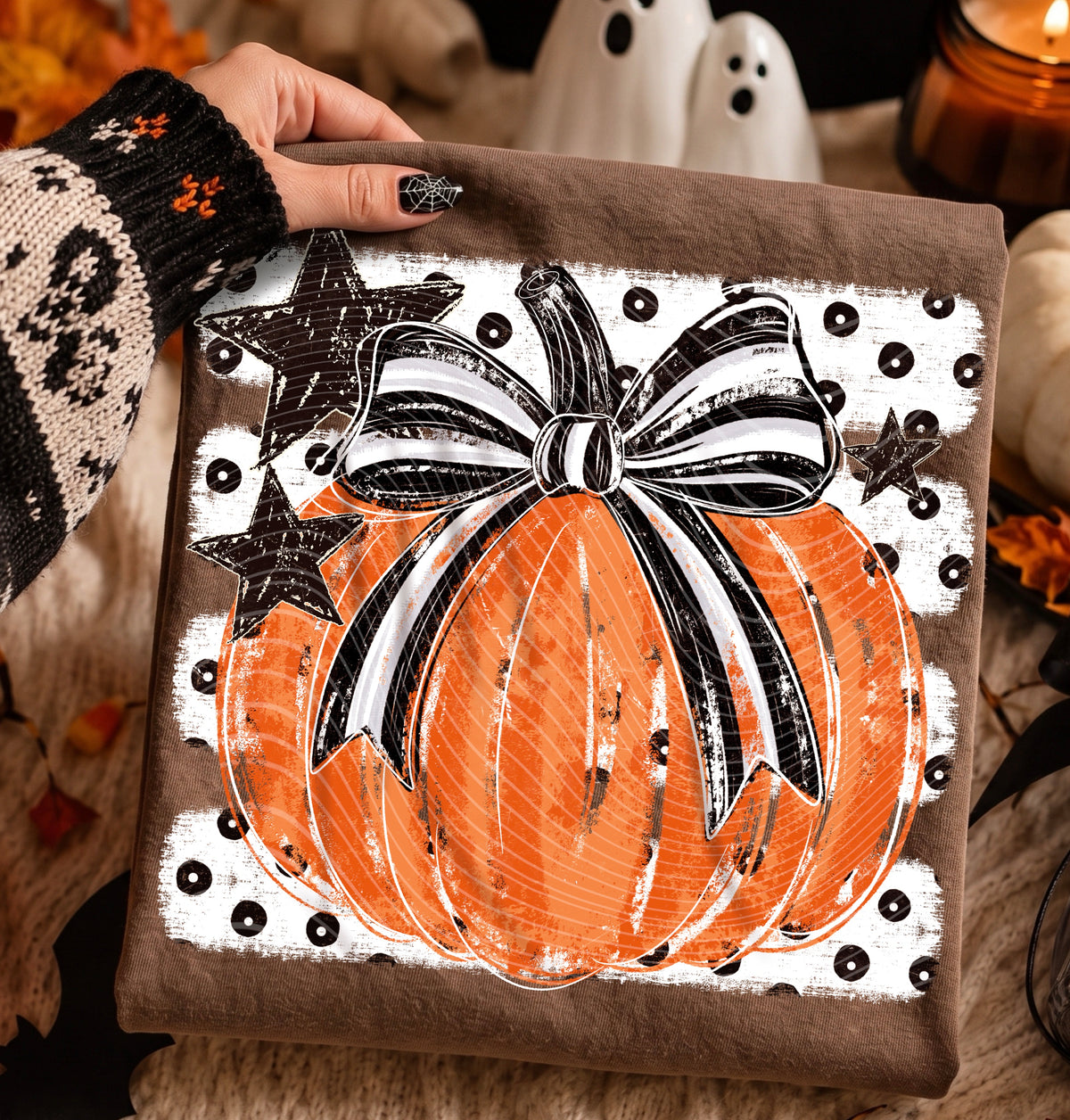 Pumpkin BW striped bow polkadot stripes (AG) DTF transfer