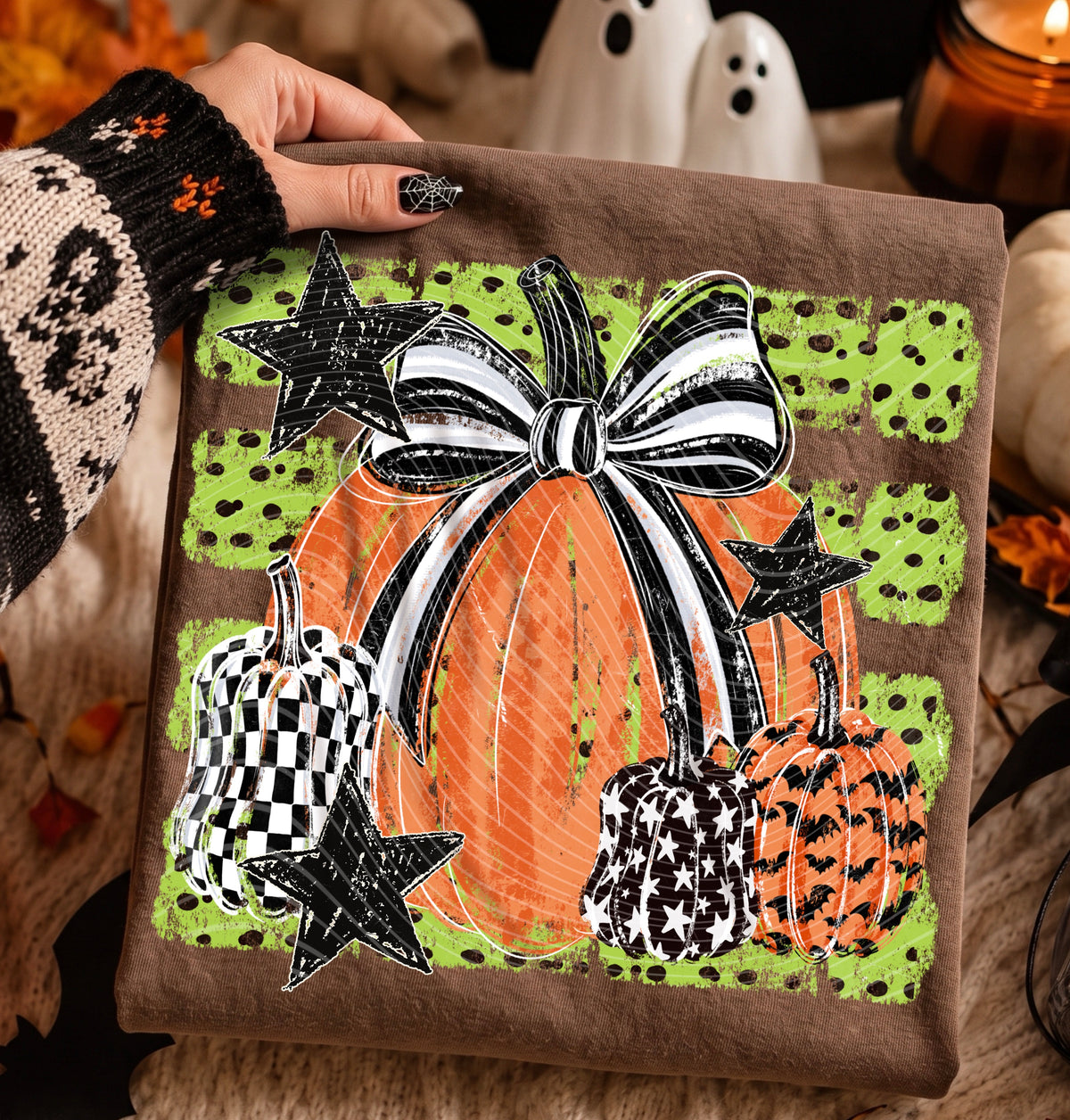 Pumpkin BW striped bow green polkadot stripes (AG) DTF transfer