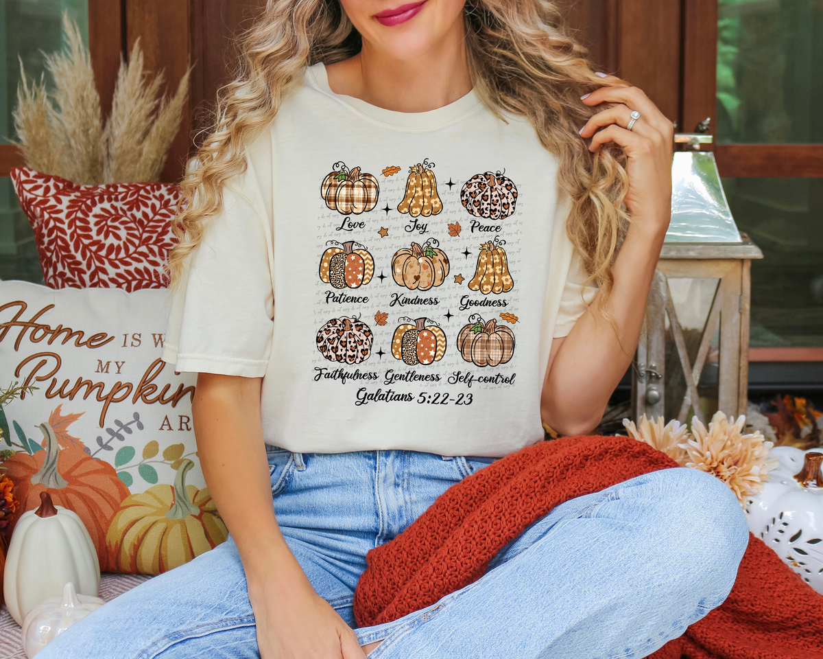 Galatians 5:22-23 Pumpkin Love, Joy, Peace, Patience, Kindness, Goodness, Faithfulness, Gentleness and Self Control 57086 DTF transfer