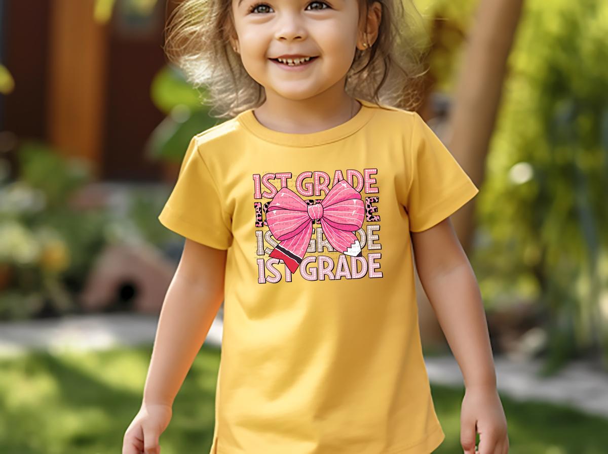 1st grade stacked pink bow DTF transfer