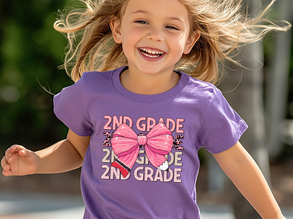 2nd grade stacked pink bow DTF transfer