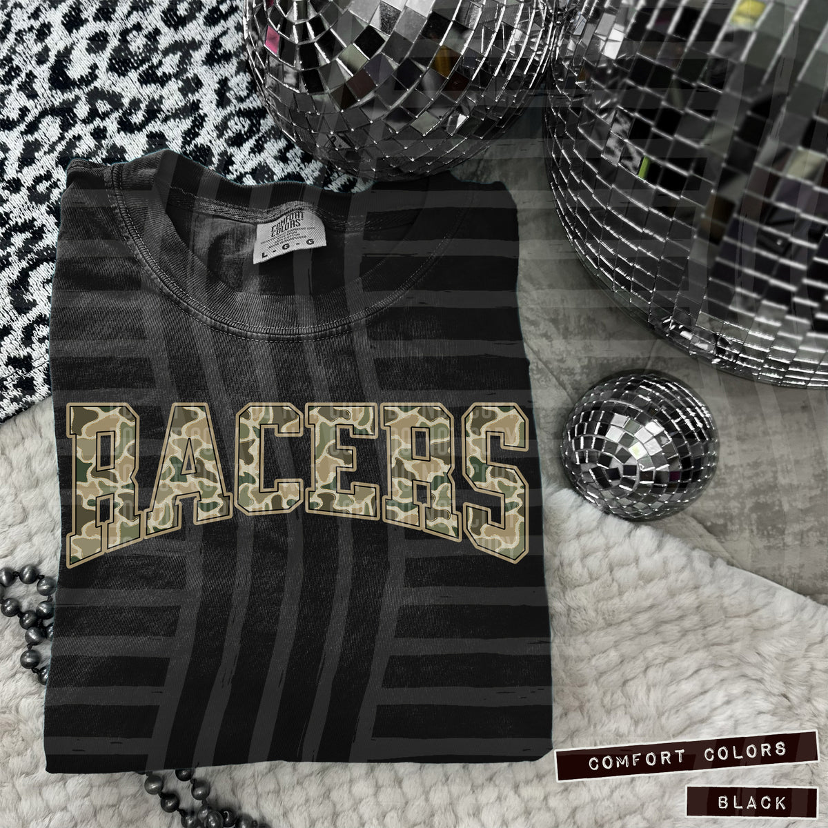 Racers faux glitter camo arched (Caplinger) DTF transfer