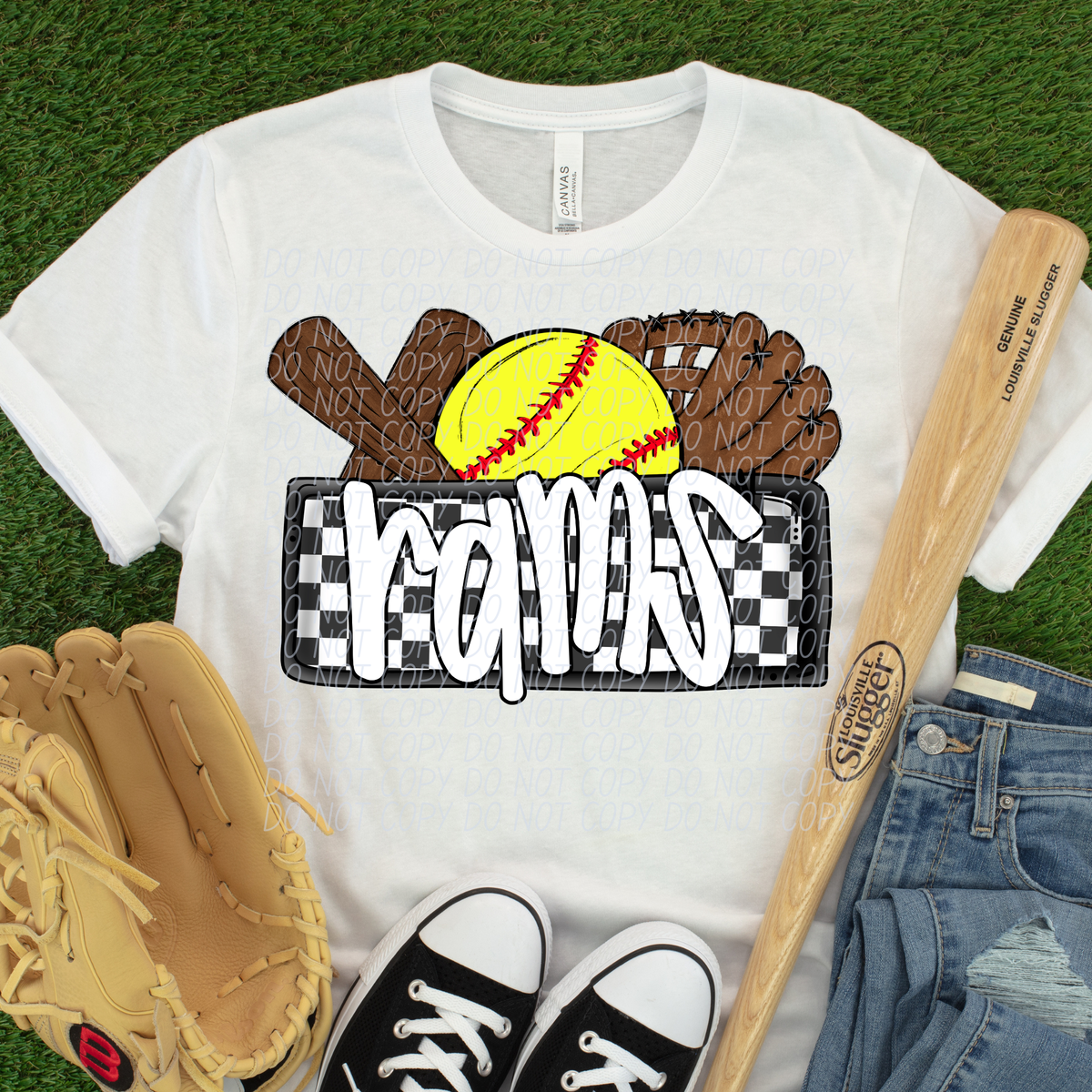 Rams (Bat, Softball, Glove, Checkered background) (City) DTF transfer