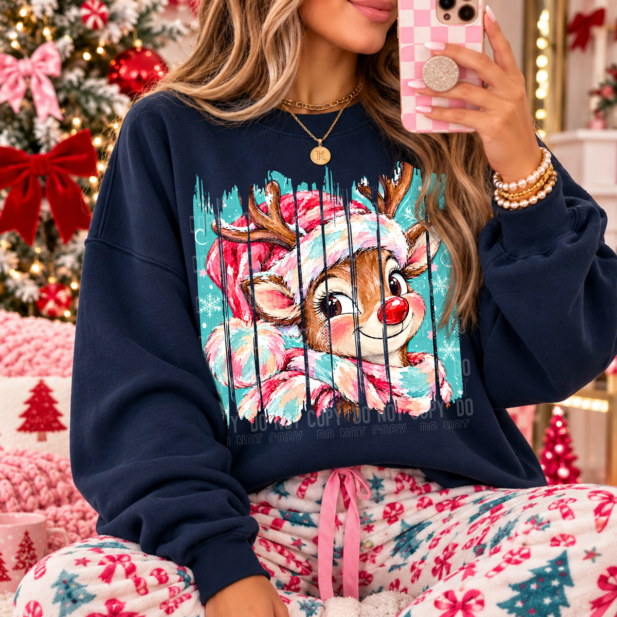 Reindeer red nose teal brushstroke background (SBB) DTF Transfer