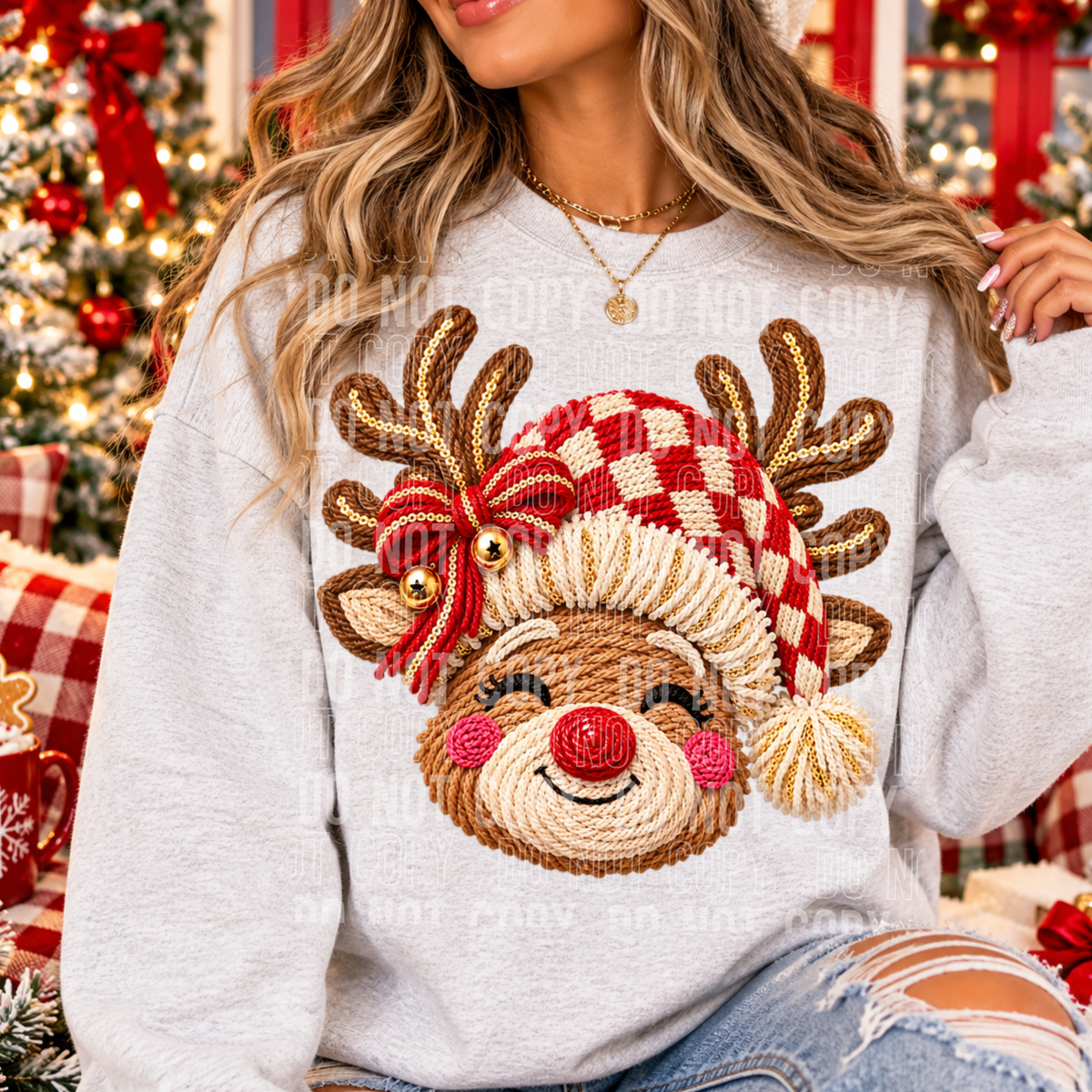 Reindeer red and white plaid hat with red bow faux yarn (SBB) DTF Transfer