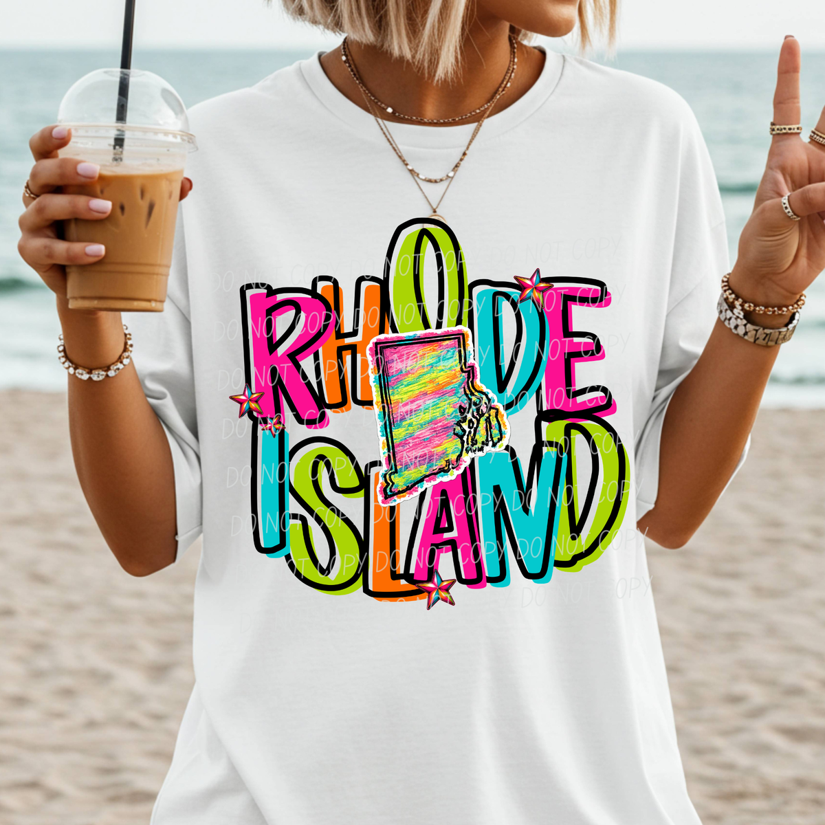 rhode island neon rainbow stacked font (city) DTF transfer