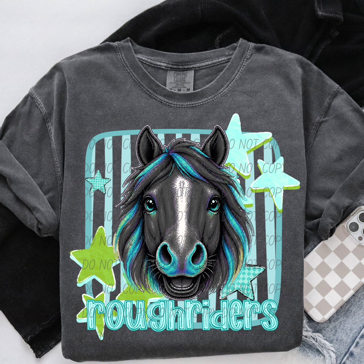roughriders horse blue stars and stripes blue font (CITY) DTF Transfer