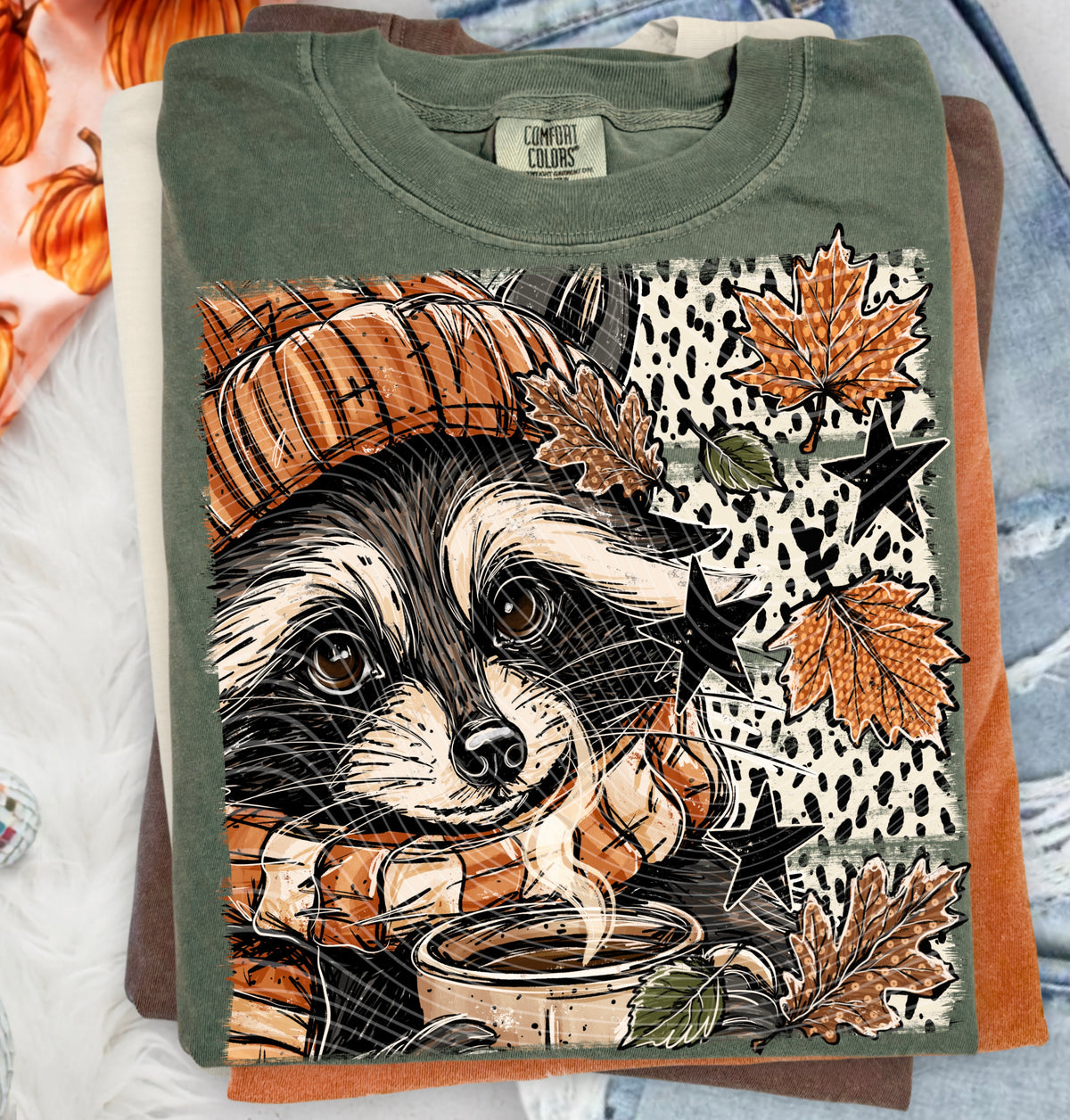Racoon black and white polkadots with leaves (AG) DTF Transfer