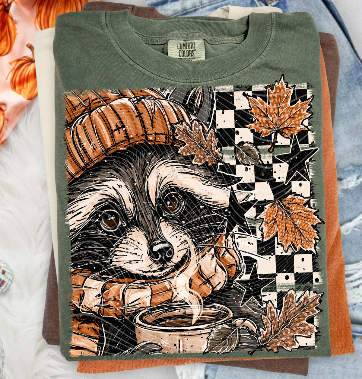 Racoon black and white checkered with leaves (AG) DTF Transfer
