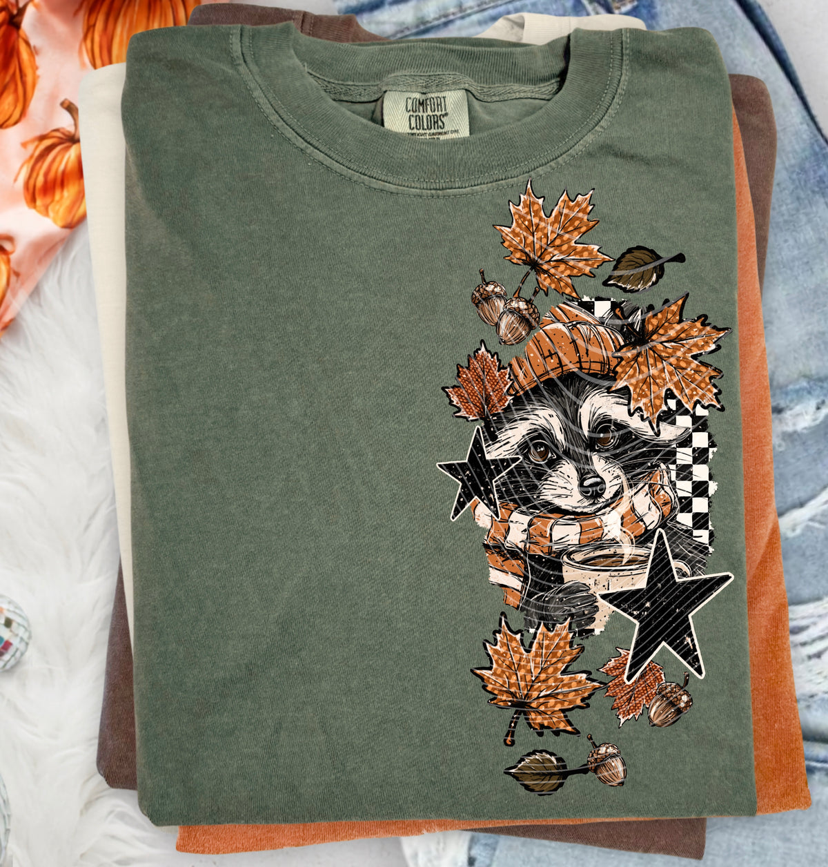 Racoon black and white checkered with leaves side piece (AG) DTF Transfer